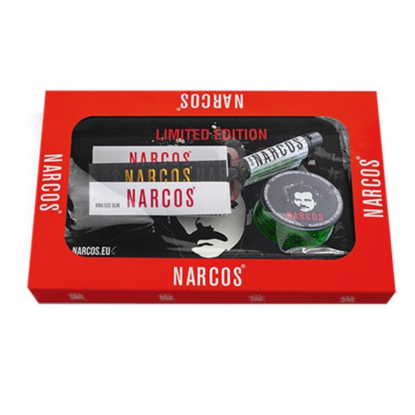 Narcos Geschenkset – Black-Tablett, Feuerzeug, Grinder, Filtertips & Papers (Weiß & Braun)
