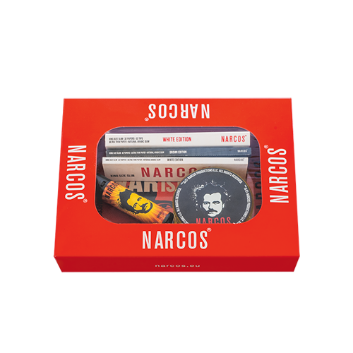 Narcos Geschenkset small– Red Edition | Metall-Tray, Grinder, Feuerzeug, Tips & Papers