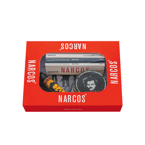 Narcos Geschenkset small– Weiß Edition | Metall-Tray, Grinder, Feuerzeug, Tips & Papers