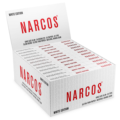 Narcos King Size Slim + Tips – White Edition | 24 x Booklet mit 32 Blättchen & 32 Filtertips