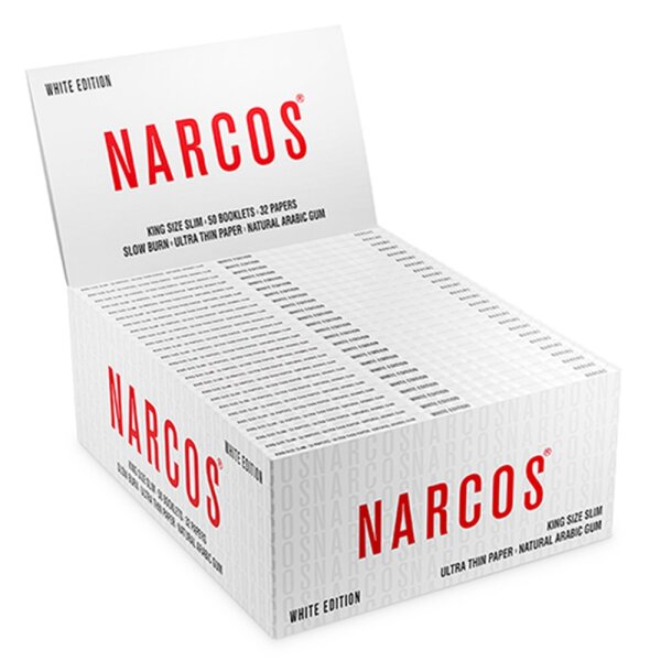 Narcos King Size Slim – White Edition | 50 x Booklet mit 32 Blättchen